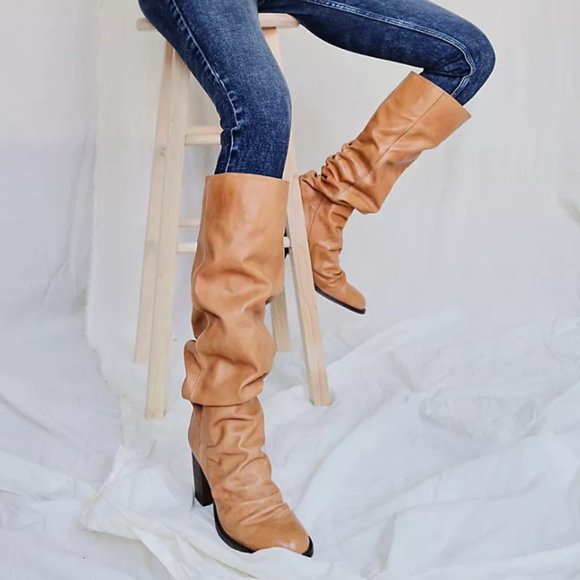 Free People Shoes - Golden Brown Free People Leather Elle Tall Slouch Boot in Tan